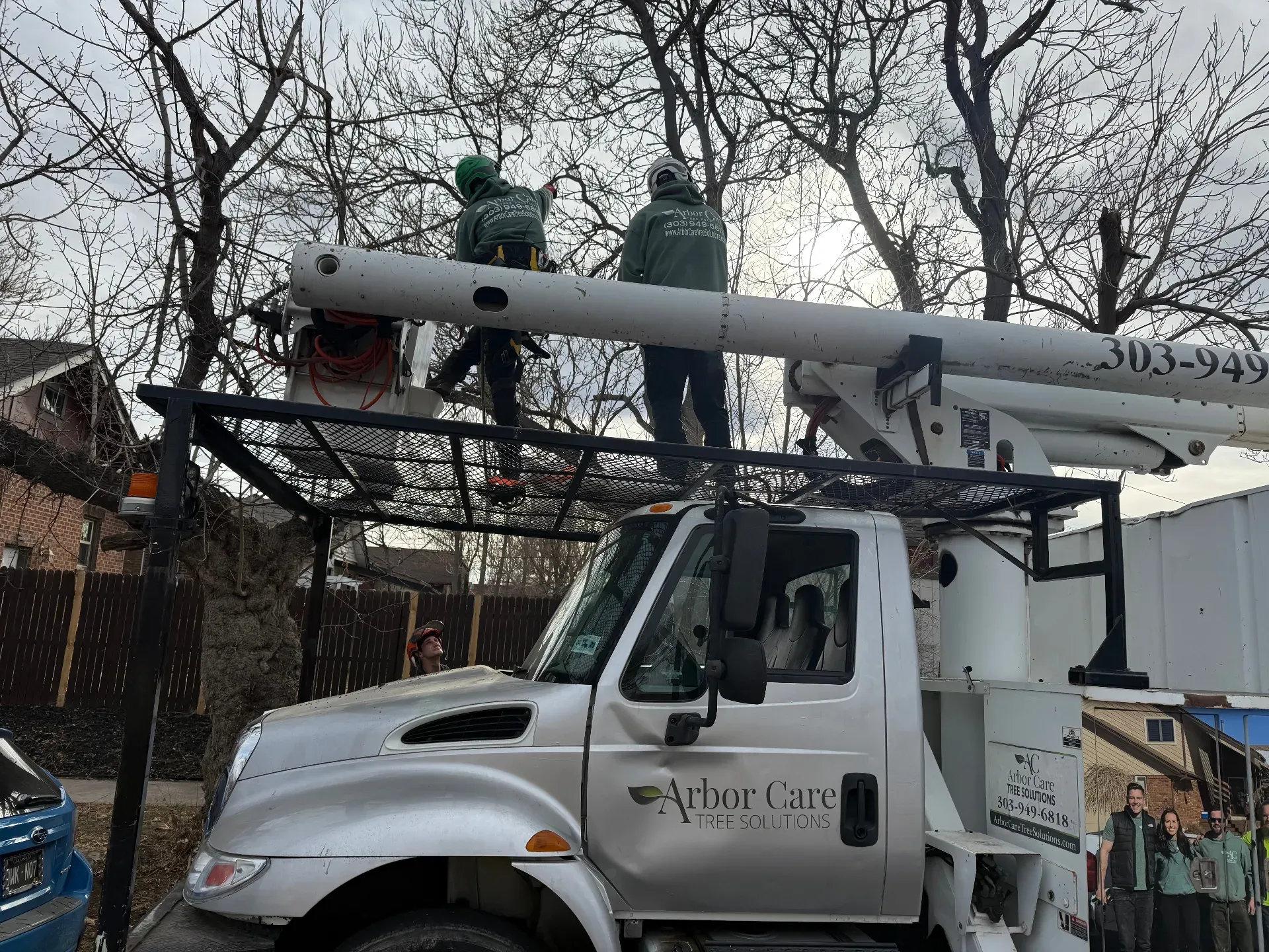 Arbor Care Tree Solutions crew working from a bucket truck on a job site in Denver