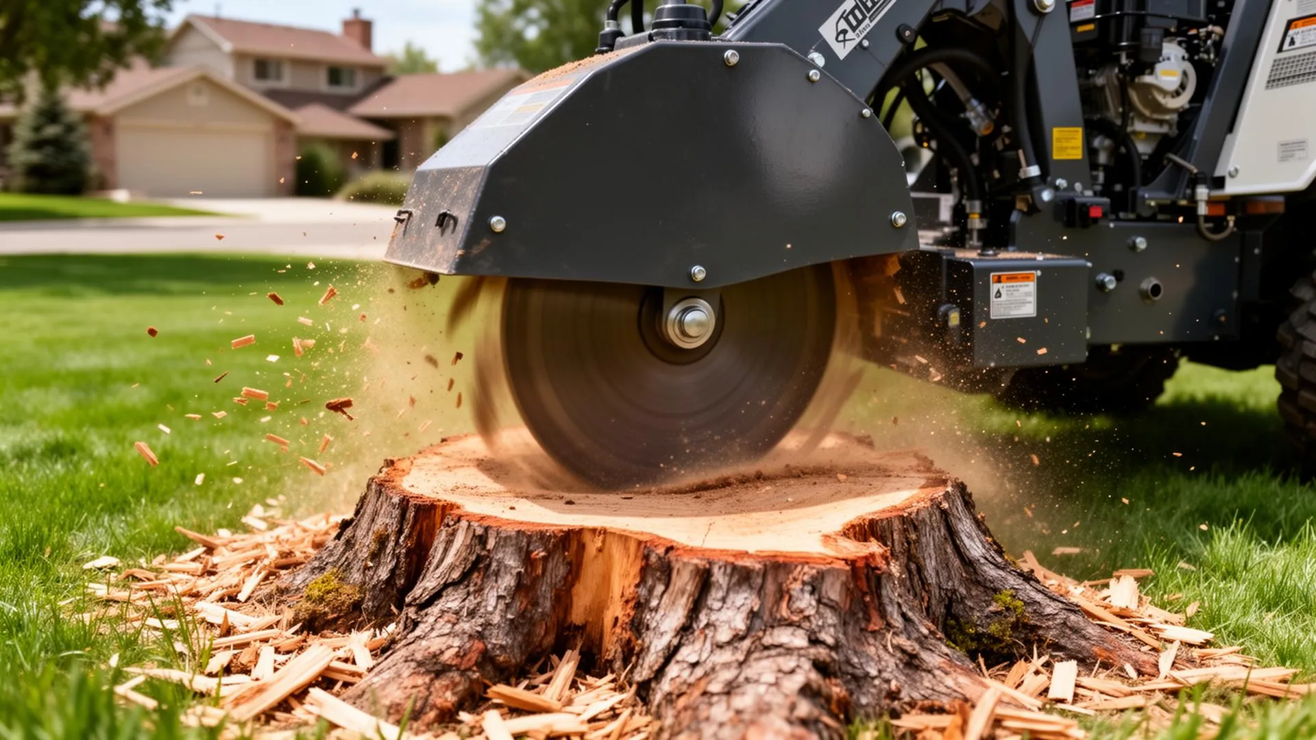 Commercial stump grinder in action on a residential property in Denver Colorado